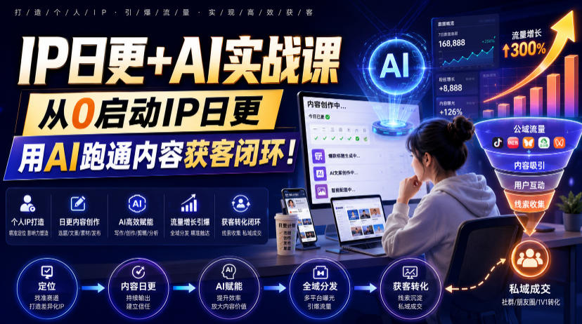IP日更+AI实战课，从0启动IP日更，IP置顶视频制作+100条选题库搭建+10条日更规划，用AI跑通内容获客闭环!-小艾项目网