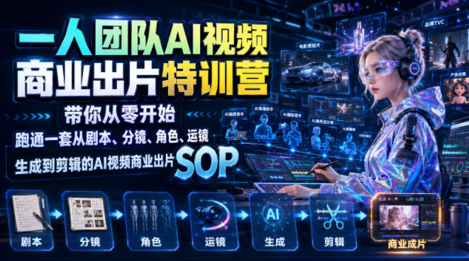 一人团队AI视频商业出片实战课：带你从零开始跑通一套从剧本、分镜、角色、运镜、生成到剪辑的AI视频商业出片SOP-小艾项目网