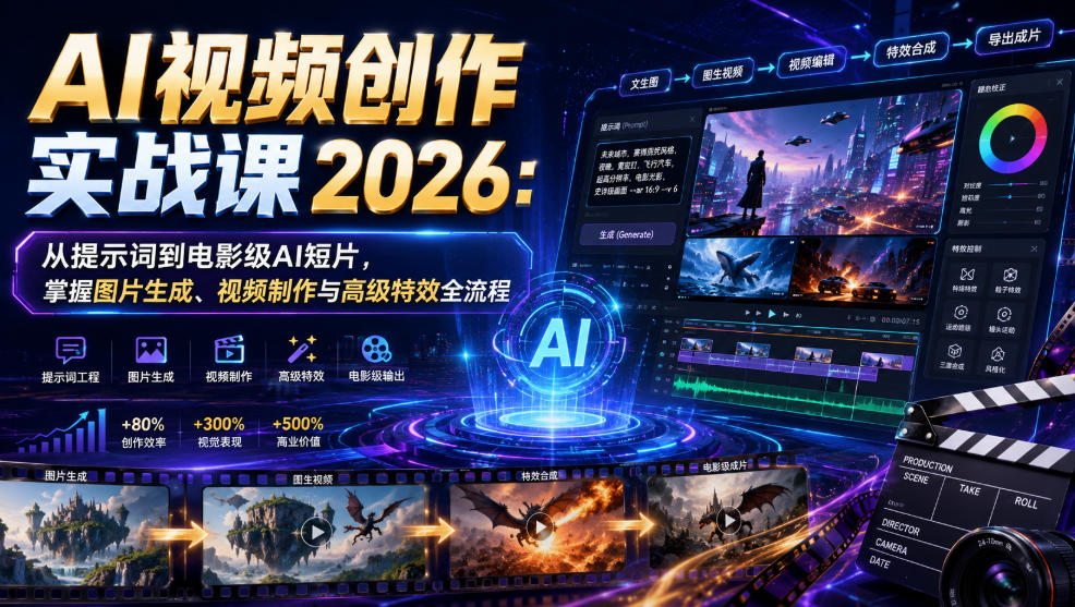 AI视频创作实战课2026：从提示词到电影级AI短片，掌握图片生成、视频制作与高级特效全流程-小艾项目网