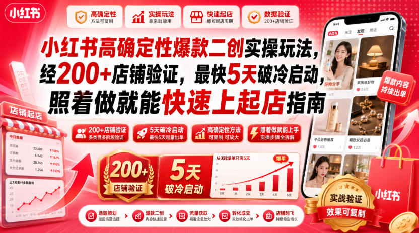 小红书高确定性爆款二创实操玩法，经200+店铺验证，最快5天破冷启动，照着做就能快速上起店指南-小艾项目网