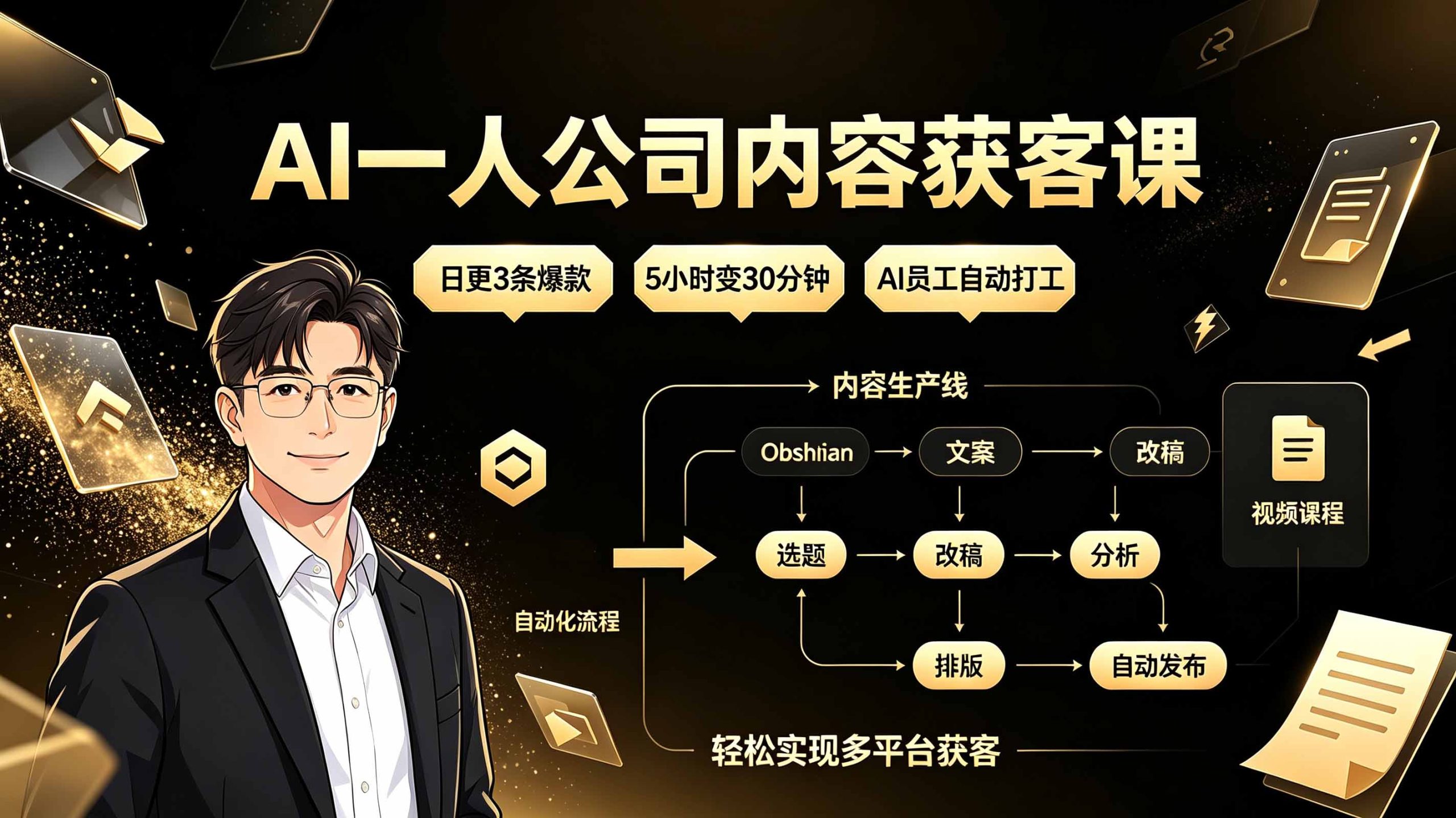 AI一人公司内容获客课：日更3条爆款×5小时变30分钟×AI员工自动打工，轻松实现多平台获客-小艾项目网