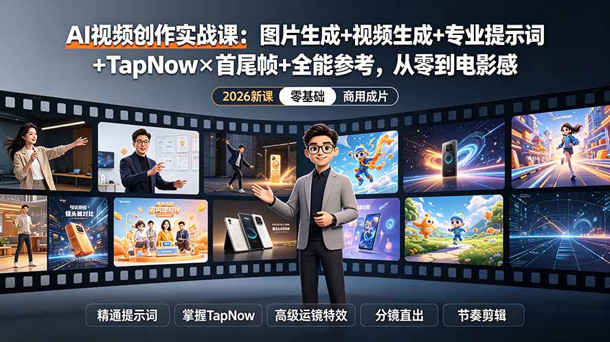 AI视频创作实战课：图片生成+视频生成+专业提示词+TapNow×首尾帧+全能参考，从零到电影感成片-小艾项目网