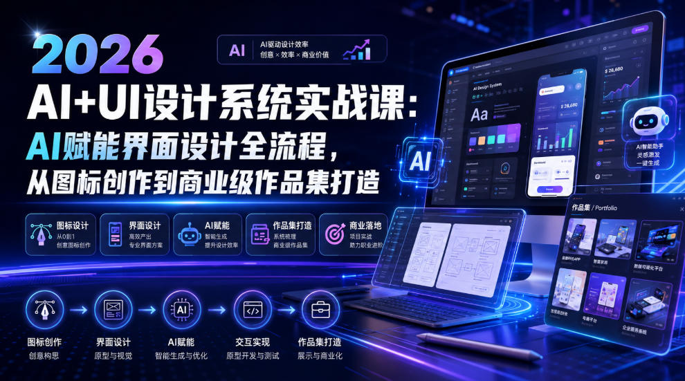 2026 AI+UI设计系统实战课：AI赋能界面设计全流程，从图标创作到商业级作品集打造-小艾项目网