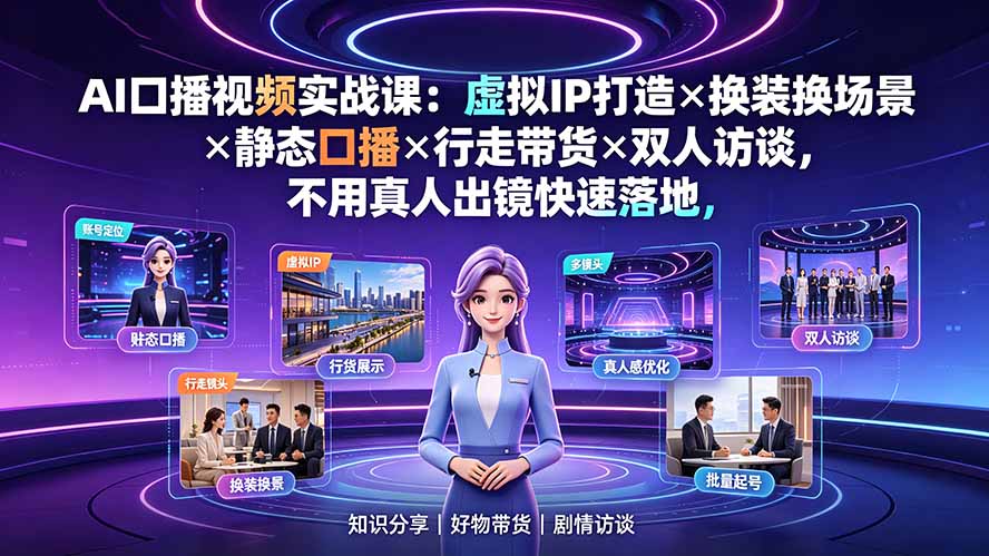 AI口播视频实战课：虚拟IP打造×换装换场景×静态口播×行走带货×双人访谈，不用真人出镜快速落地-小艾项目网