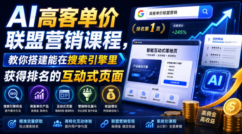 AI高客单价联盟营销课程，教你搭建能在搜索引擎里获得排名的互动式页面，引来流量，把访客转化为高佣金的成交【原创双语字幕】-小艾项目网