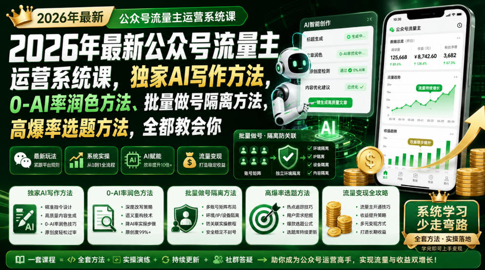 2026年最新公众号流量主运营系统课，独家AI写作方法，0-AI率润色方法、批量做号隔离方法、高爆率选题方法，全都教会你-小艾项目网