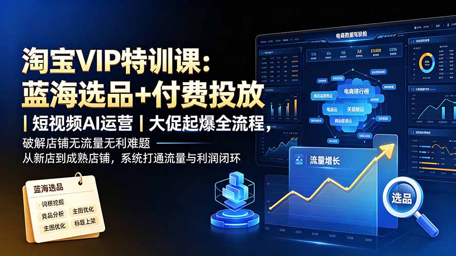 淘宝VIP特训课：蓝海选品+付费投放｜短视频AI运营｜大促起爆全流程，破解店铺无流量无利润难题-小艾项目网