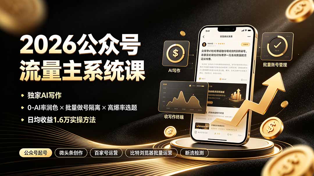 2026公众号流量主系统课：独家AI写作×0-AI率润色×批量做号隔离×高爆率选题，日均收益1.6万实操方法-小艾项目网