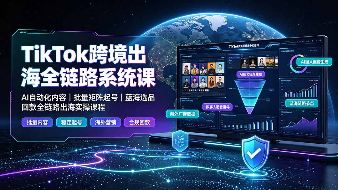 TikTok跨境出海全链路系统课-2026年7月：AI自动化内容｜批量矩阵起号｜蓝海选品回款全链路出海实操课程-小艾项目网