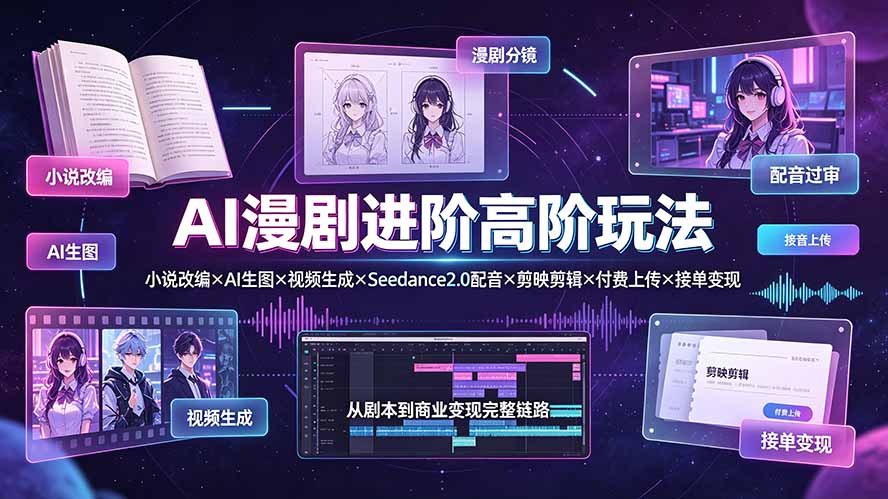 AI漫剧进阶高阶玩法：小说改编×AI生图×视频生成×Seedance2.0配音×剪映剪辑×付费上传×接单变现-小艾项目网