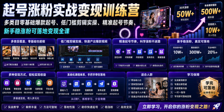 苗子起号涨粉实战变现训练营，多类目零基础爆款起号、精准起号节奏、新手稳涨粉可落地变现全课(更新0719)-小艾项目网