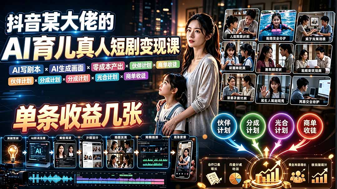 AI育儿真人短剧变现课：AI写剧本×AI生成画面×零成本产出×伙伴计划×分成计划×光合计划×商单收徒-小艾项目网