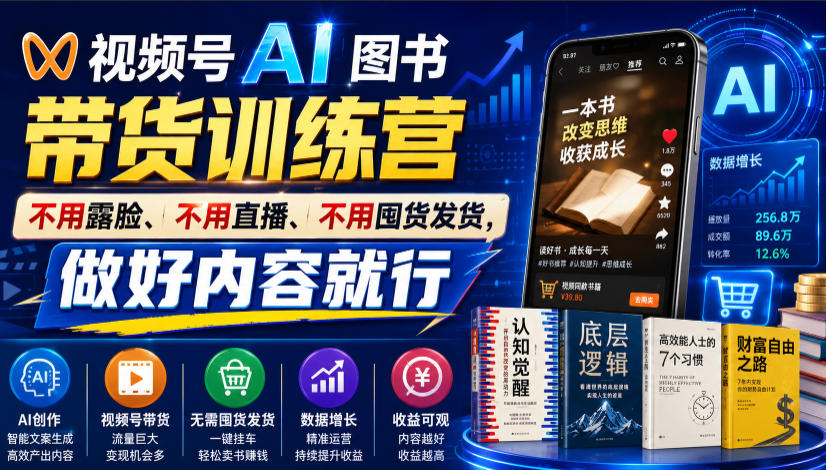 视频号AI图书带货训练营，不用露脸、不用直播、不用囤货发货，做好内容就行，一条爆款视频佣金8942-小艾项目网