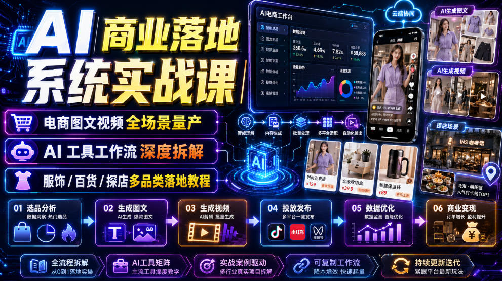 AI商业落地系统实战课｜电商图文视频全场景量产・AI工具工作流深度拆解・服饰/百货/探店多品类落地教程-小艾项目网