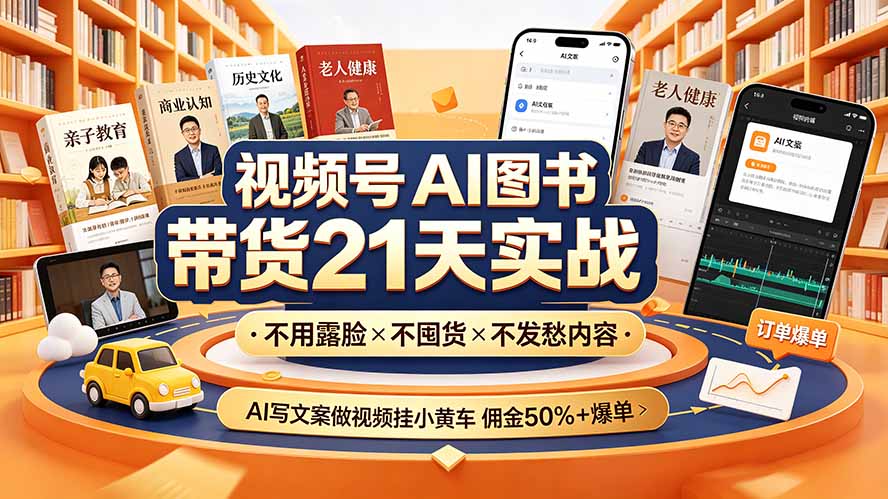 视频号AI图书带货21天实战:不用露脸×不囤货×不发愁内容,AI写文案做视频挂小黄车,佣金50%+爆单-小艾项目网