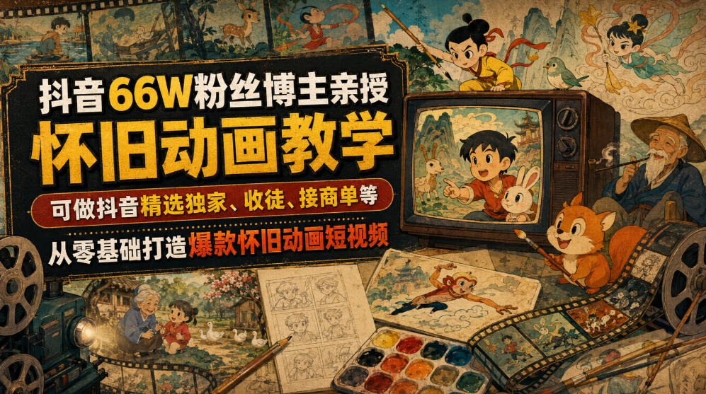 抖音66W粉丝博主亲授怀旧动画教学，可做抖音精选独家、收徒、接商单等，从零基础打造爆款怀旧动画短视频-小艾项目网