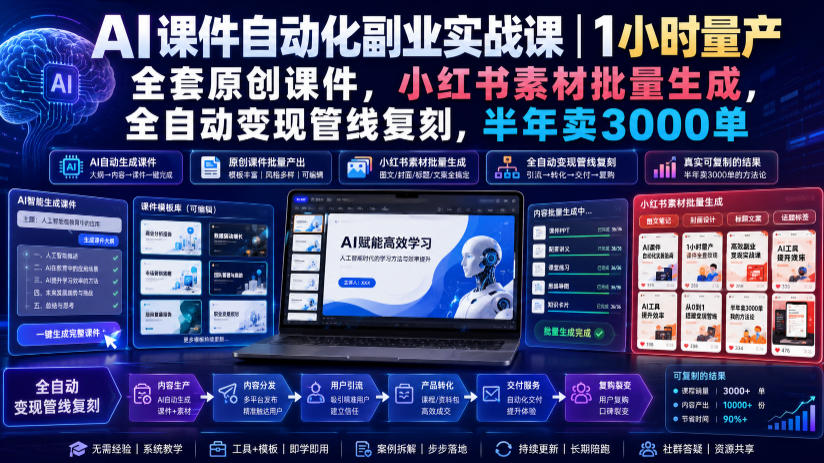 AI课件自动化副业实战课｜1小时量产全套原创课件，小红书素材批量生成，全自动变现管线复刻，半年卖3000单-小艾项目网