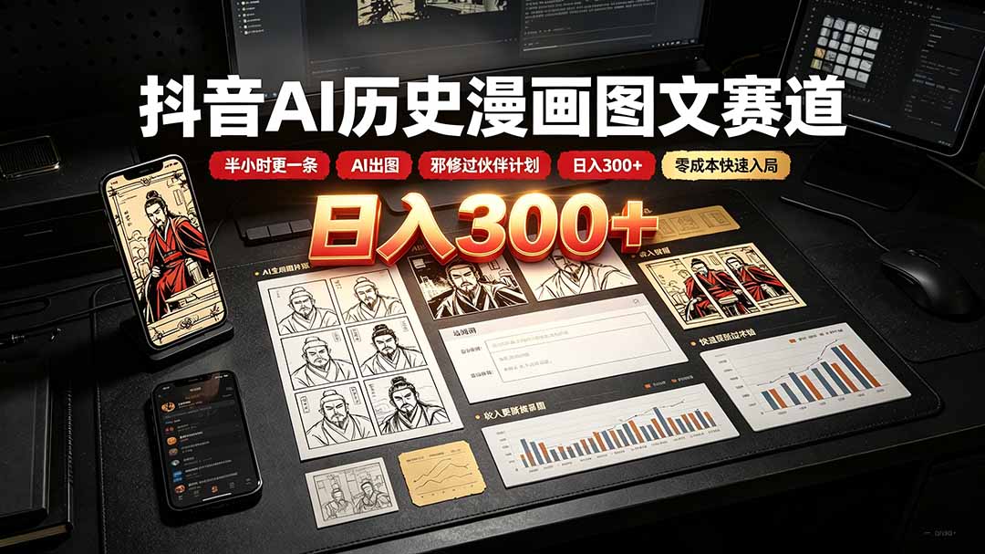 抖音AI历史漫画图文赛道：半小时更一条×AI出图×邪修过伙伴计划×日入300+，零成本快速入局-小艾项目网