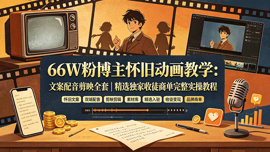 66W粉博主怀旧动画教学：文案配音剪映全套｜精选独家收徒商单完整实操教程-小艾项目网
