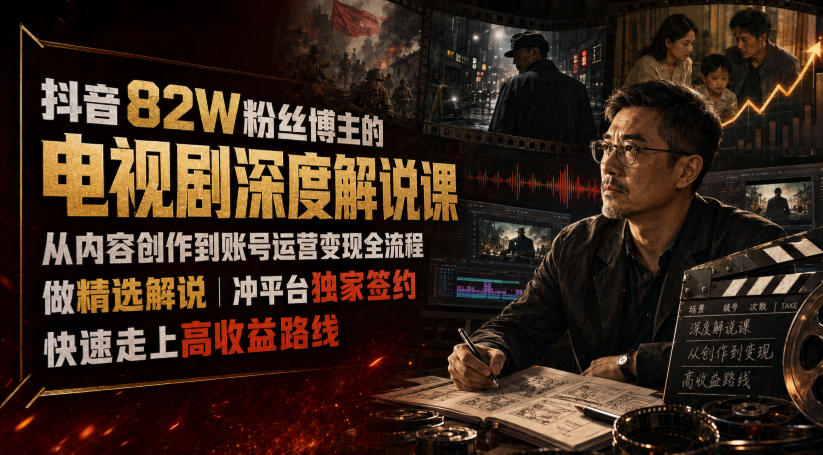 抖音82W粉丝博主的电视剧深度解说课，从内容创作到账号运营变现全流程，做精选解说，冲平台独家签约，快速走上高收益路线-小艾项目网