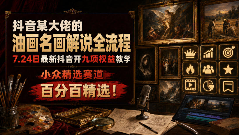 抖音某大佬的油画名画解说全流程,7.24日最新抖音开九项权益教学,小众精选赛道,百分百精选!-小艾项目网