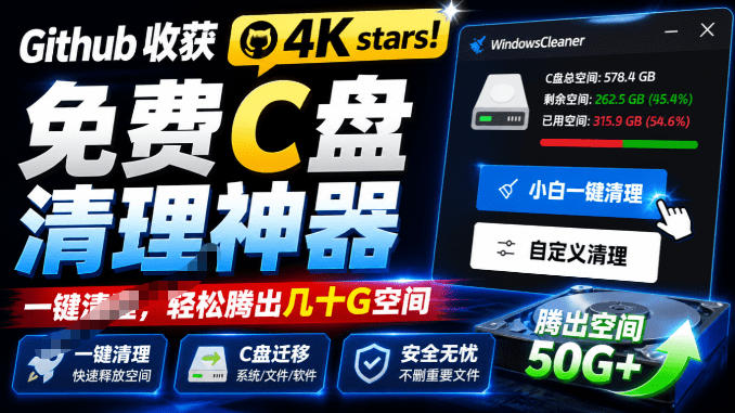 Github收获4K stars!免费C盘清理神器,轻松腾出几十G空间,支持C盘迁移Windows Cleaner-小艾项目网