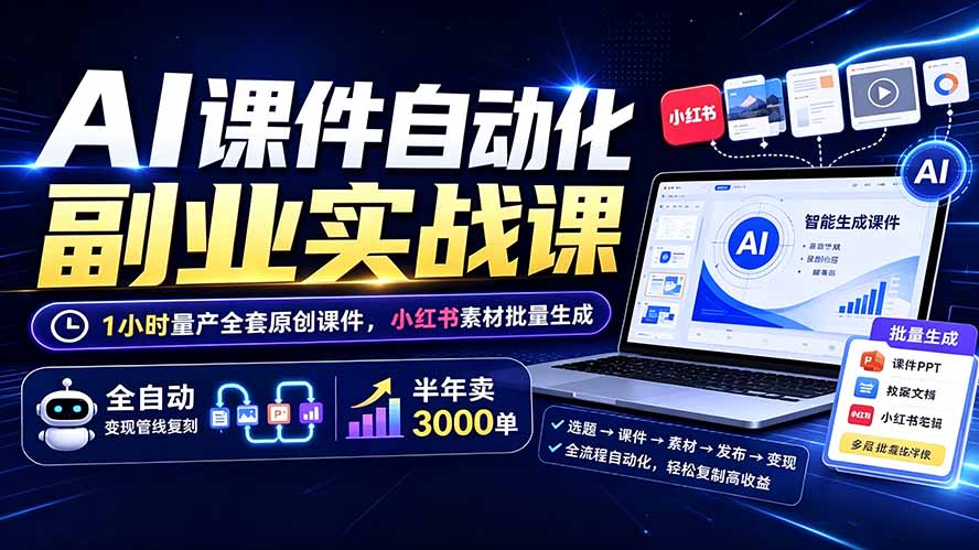 AI课件自动化副业实战课:1小时量产全套原创课件×小红书素材批量生成×全自动变现管线×半年卖3000单-小艾项目网