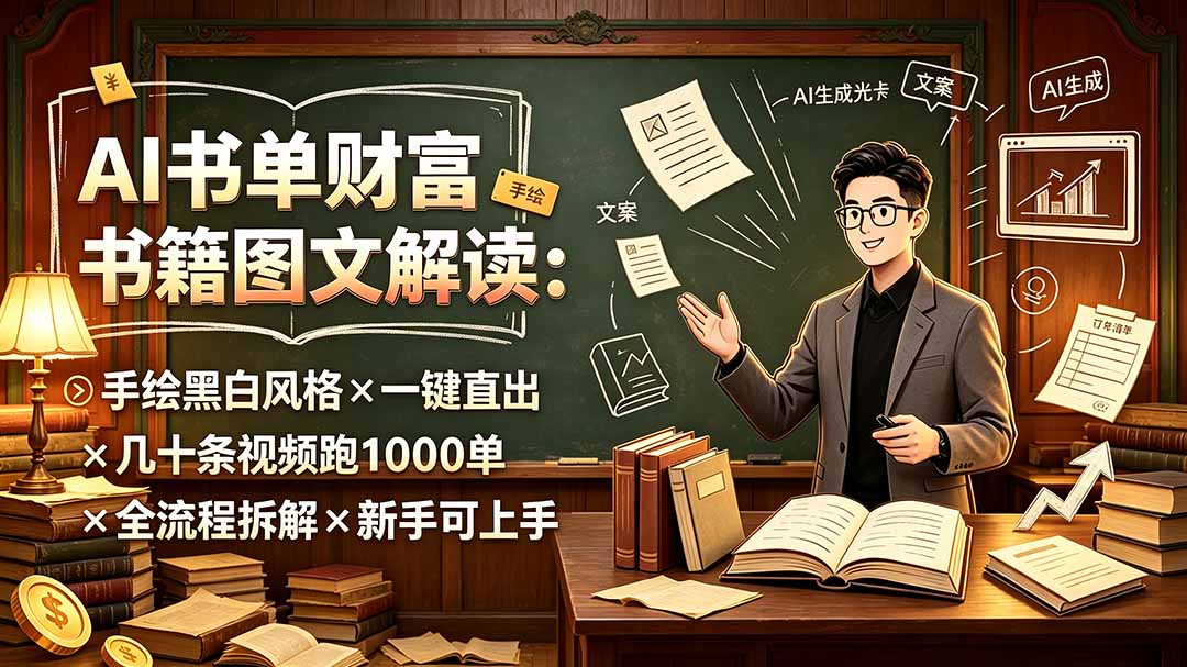 AI书单财富书籍图文解读:手绘黑白风格×一键直出×几十条视频跑1000单×全流程拆解×新手可上手-小艾项目网