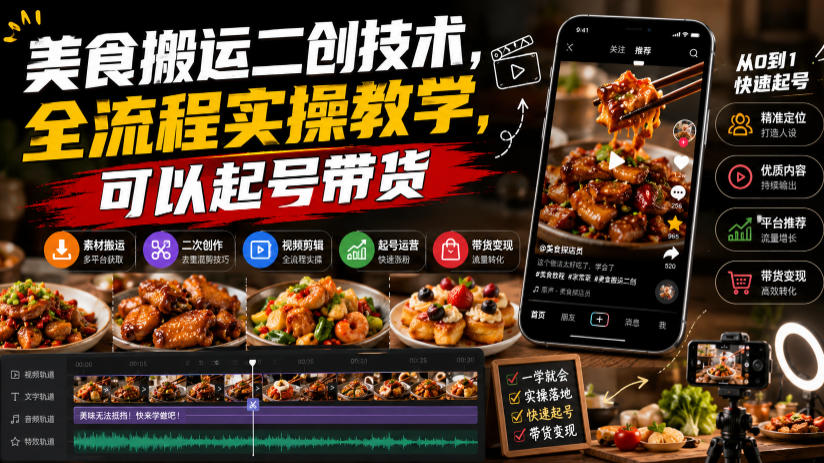 美食搬运二创技术，全流程实操教学，可以起号带货-小艾项目网