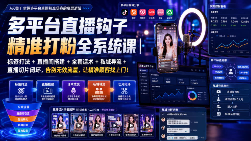 多平台直播钩子精准打粉全系统课｜标签打法+直播间搭建+全套话术+私域导流+直播切片闭环，告别无效流量，让精准顾客找上门！-小艾项目网