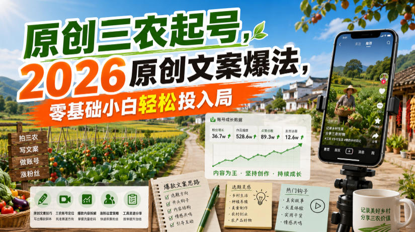 原创三农起号，2026原创文案爆法，零基础小白轻松投入局-小艾项目网
