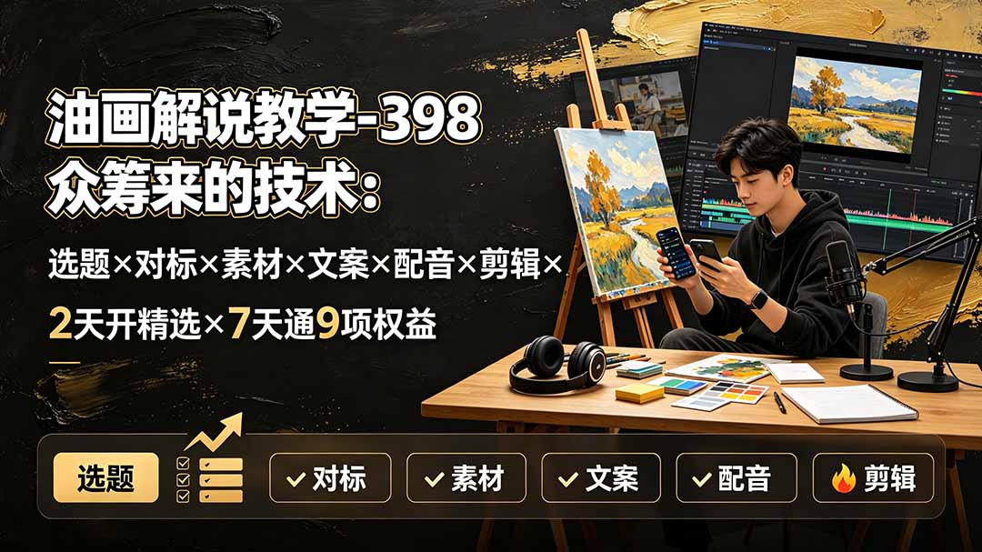 油画解说教学-398众筹来的技术：选题×对标×素材×文案×配音×剪辑×2天开精选×7天通9项权益-小艾项目网