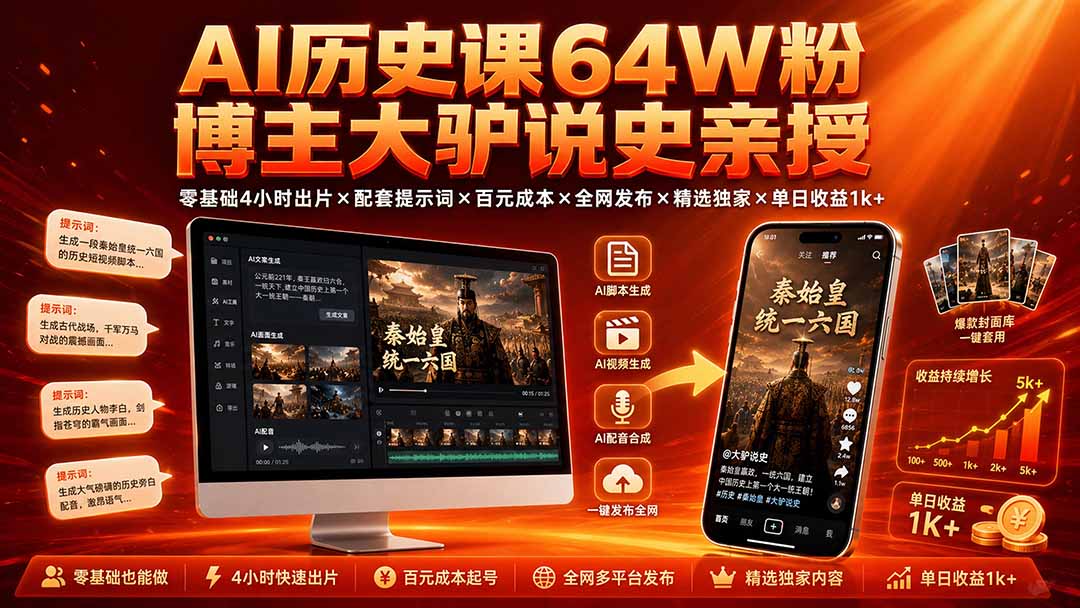 AI历史课64W粉博主大驴说史亲授:零基础4小时出片×配套提示词×百元成本×全网发布×精选独家×单日收益1k+-小艾项目网