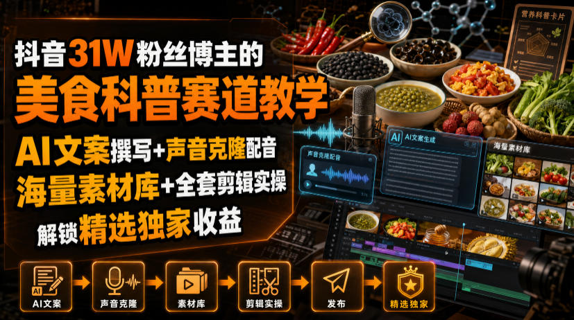 抖音31W粉丝博主的美食科普赛道教学，AI文案撰写+声音克隆配音+剪辑实操，解锁精选独家收益-小艾项目网