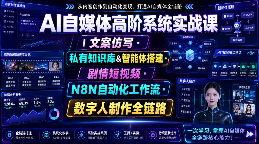 AI自媒体高阶系统实战课｜文案仿写・私有知识库&智能体搭建・剧情短视频・N8N自动化工作流・数字人制作全链路-小艾项目网