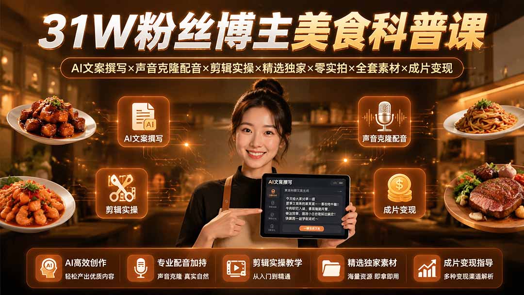 31W粉丝博主美食科普课:AI文案撰写×声音克隆配音×剪辑实操×精选独家×零实拍×全套素材×成片变现-小艾项目网