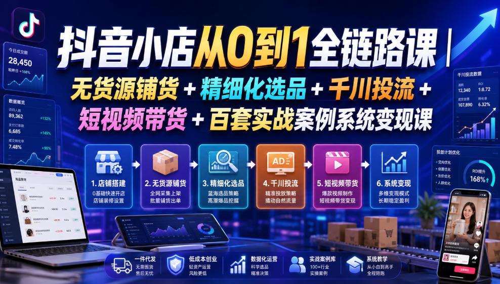 抖音小店从0到1全链路课|无货源铺货+精细化选品+千川投流+短视频带货+百套实战案例系统变现课(2026年7月更新)-小艾项目网
