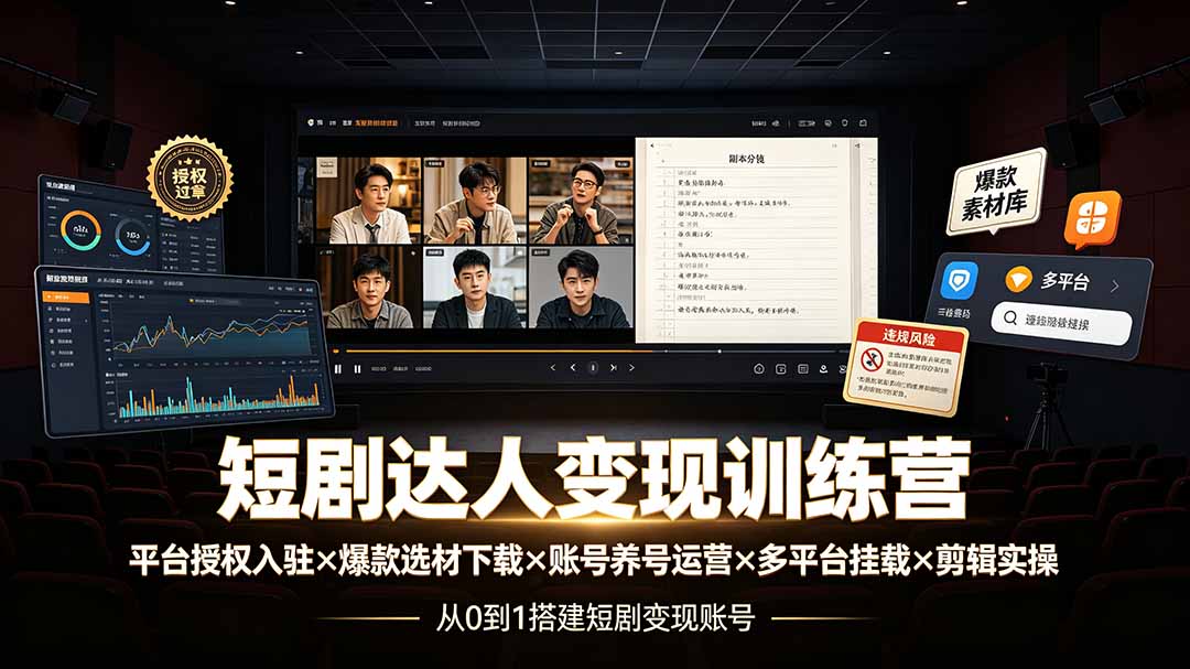 短剧达人变现训练营:平台授权入驻×爆款选材下载×账号养号运营×多平台挂载×剪辑实操×违规处理全流程-小艾项目网