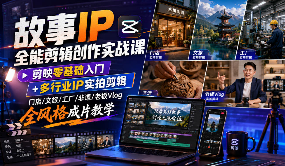 故事IP全能剪辑创作实战课｜剪映零基础入门+多行业IP实拍剪辑，门店/文旅/工厂/非遗/老板Vlog全风格成片教学-小艾项目网