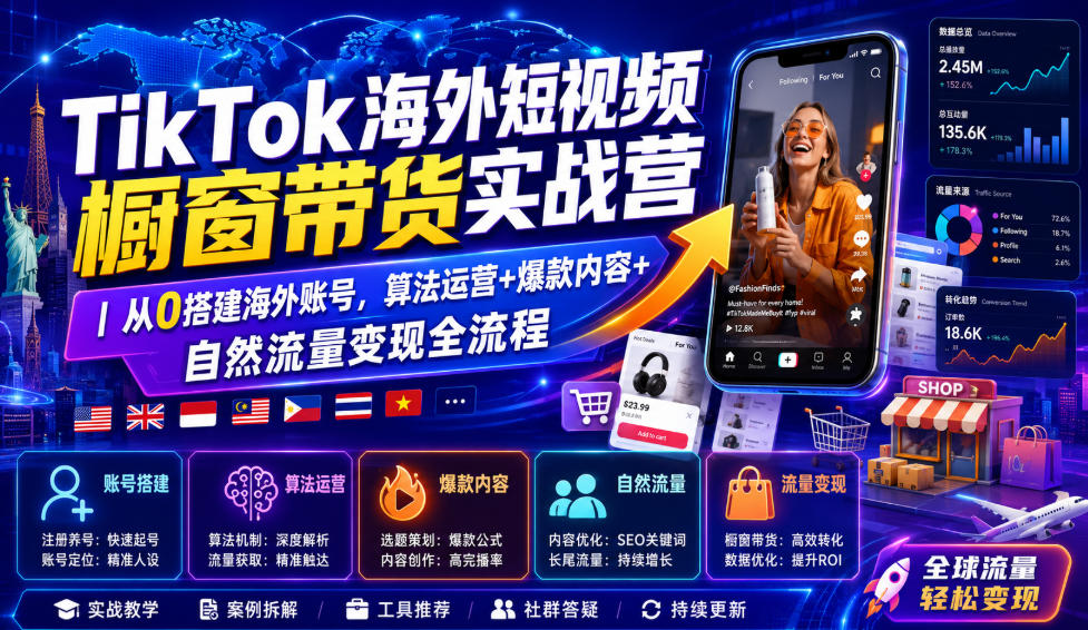 TikTok海外短视频橱窗带货实战营｜从0搭建海外账号，算法运营+爆款内容+自然流量变现全流程-小艾项目网