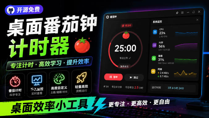 仅1.16MB,开源极简的桌面时钟、番茄钟计时器,还支持系统监控显示,桌面效率小工具Catime-小艾项目网