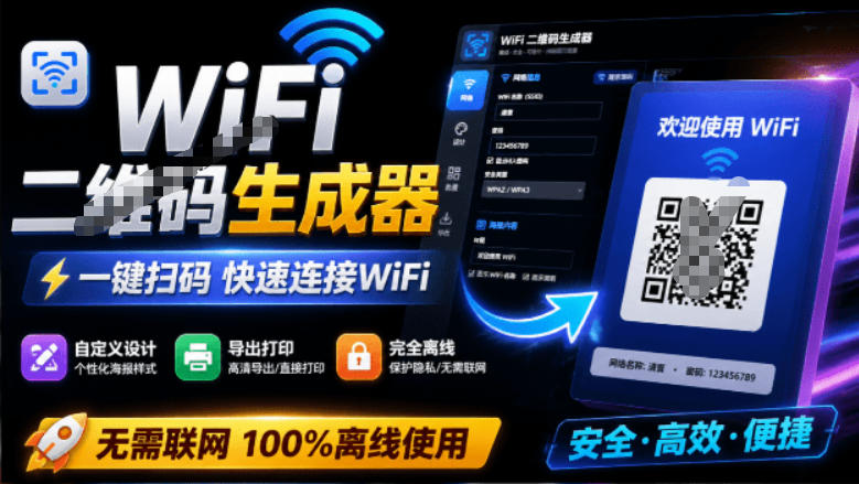 完全离线使用！WiFi二维码生成器，一键扫码快速连接WiFi，支持自定义风格导出WiFi二维码生成器-小艾项目网
