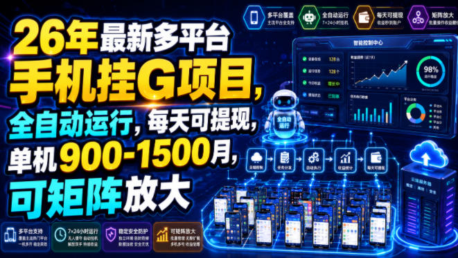 26年最新多平台手机挂G项目，全自动运行，每天可提现，单机900-1500月，可矩阵放大【揭秘】-小艾项目网