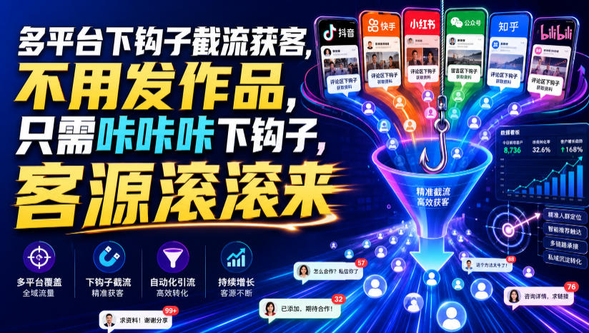 多平台下钩子截流获客，不用发作品，只需咔咔咔下钩子，客源滚滚来-小艾项目网