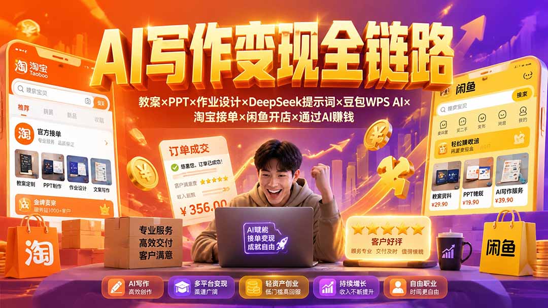 2026AI写作变现全链路：教案×PPT×作业设计×DeepSeek提示词×豆包WPS AI×淘宝接单×闲鱼开店×通过AI賺钱-小艾项目网