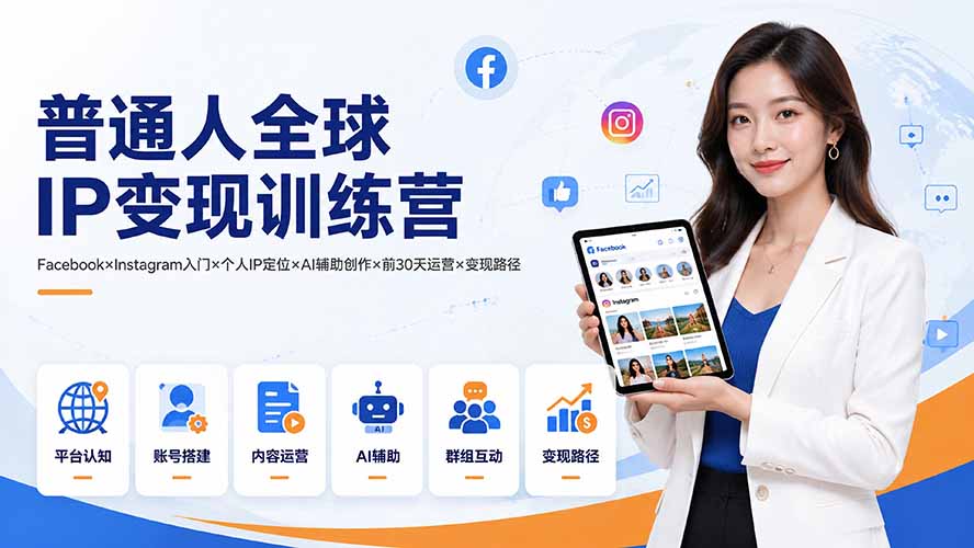 普通人全球IP变现训练营:Facebook×Instagram入门×个人IP定位×AI辅助创作×前30天运营×变现路径-小艾项目网