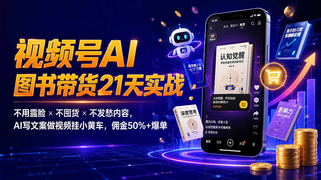 繁花视频号AI图书带货21天实战：不用露脸×不囤货×不发愁内容，AI写文案做视频挂小黄车，佣金50%+爆单-小艾项目网
