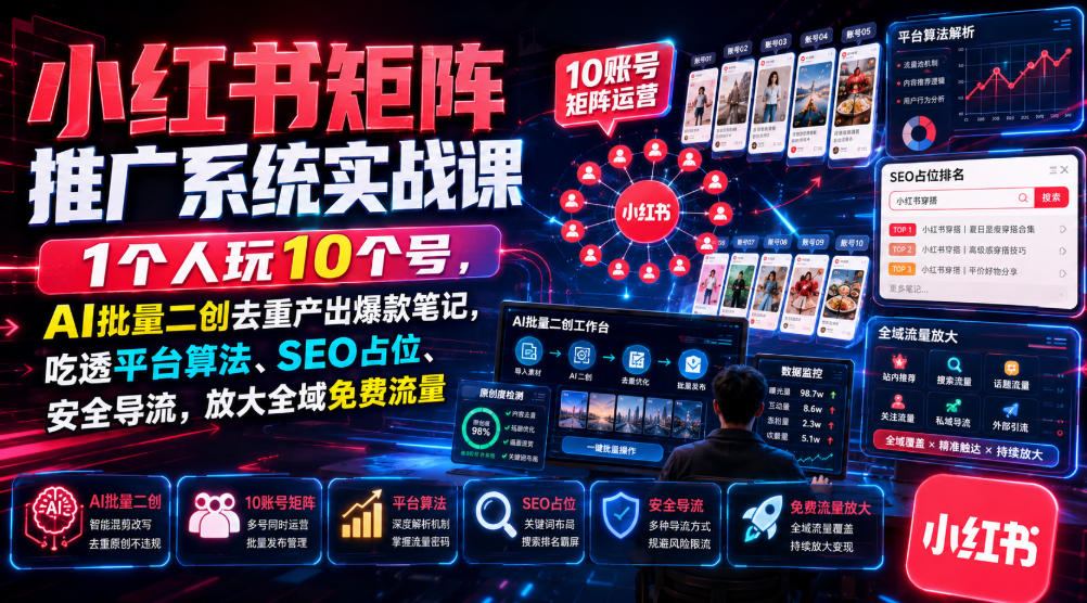 小红书矩阵推广系统实战课｜1个人玩10个号，AI批量二创去重产出爆款笔记，吃透平台算法、SEO占位、安全导流，放大全域免费流量-小艾项目网