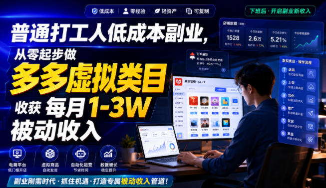 普通打工人低成本副业，从零起步做多多虚拟类目，收获每月1-3W被动收入【揭秘】-小艾项目网