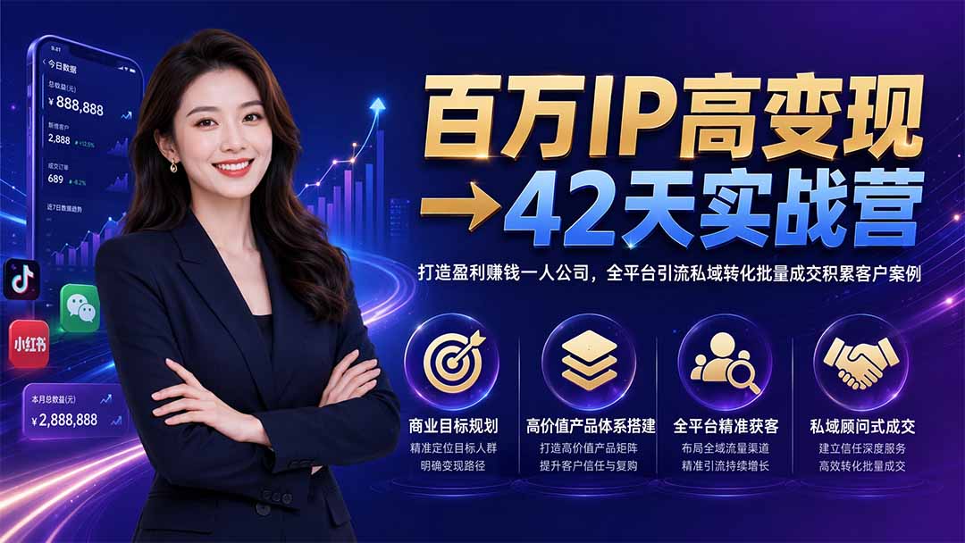 百万IP高变现→42天实战营｜打造盈利赚钱一人公司，全平台引流私域转化批量成交积累客户案例-小艾项目网